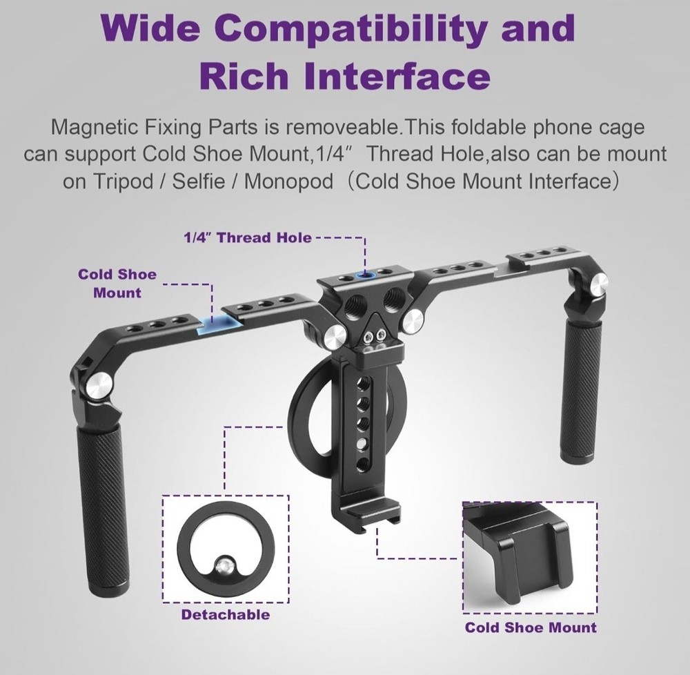 Foldable Phone Cage Stabilizer Magnetic Smartphone Rig & Handle - iPhone Android