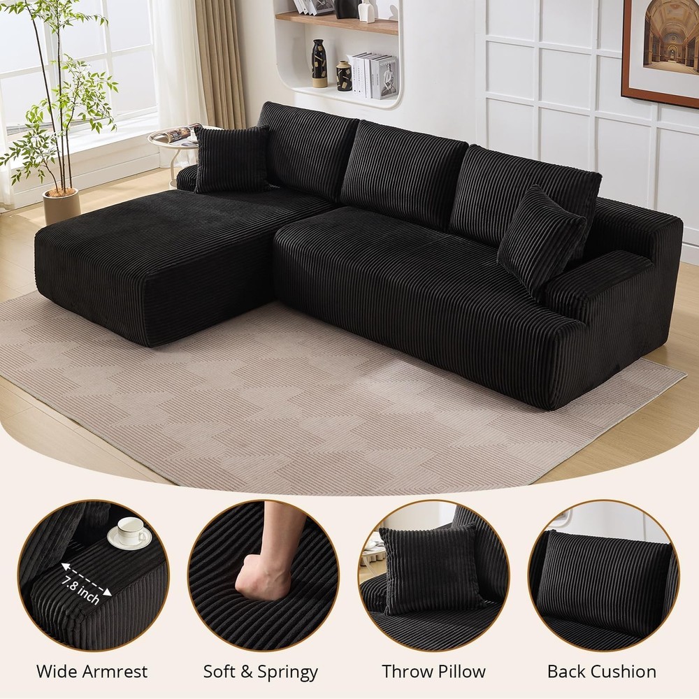 108" Boneless Sofas L-Shaped Corduroy Cloud Couches ComfySectional Compression