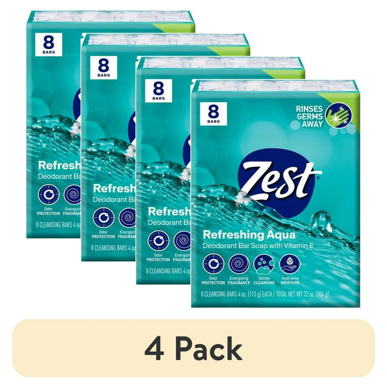 (4 pack) Zest Deodorant Bar Soap, Hydrating Moisture, Aqua, 4 oz, 8 Bars,