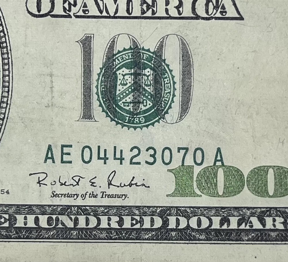Rare Misaligned Serial Number Printing Error $100 Bill 1996 One Hundred
