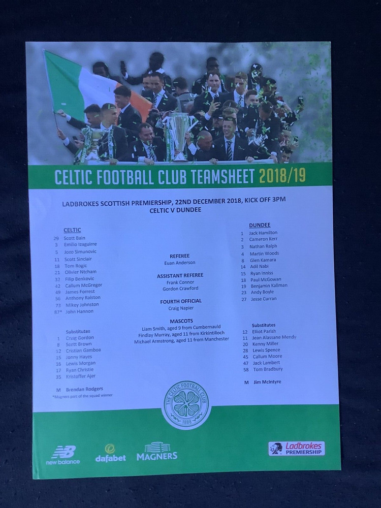 2018/19 Celtic v Dundee December teamsheet