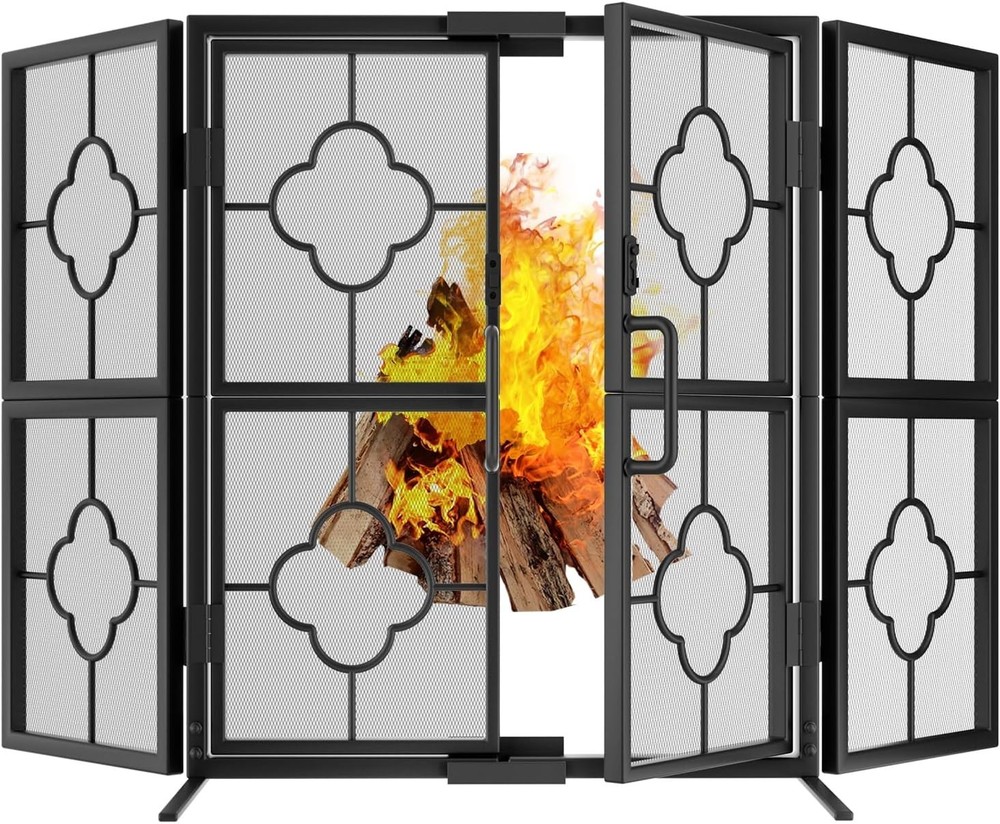 Durable 3-Panel Wrought Iron Fireplace Screen, Foldable & Adjustable - 48" x 28"