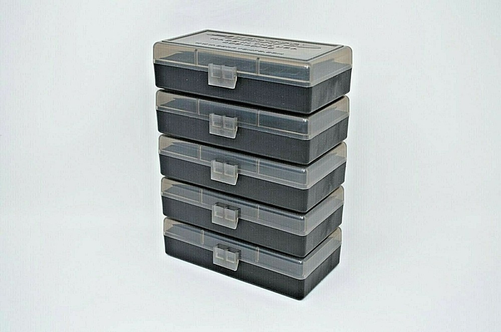 BERRY'S PLASTIC AMMO BOXES (5) SMOKE/BLACK 50 Round 40 S&W / 45 ACP
