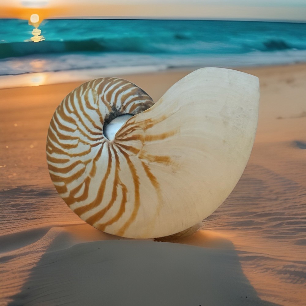 A large, decorative Nautilus shell with striped patterns W/ Coiled Baskety!