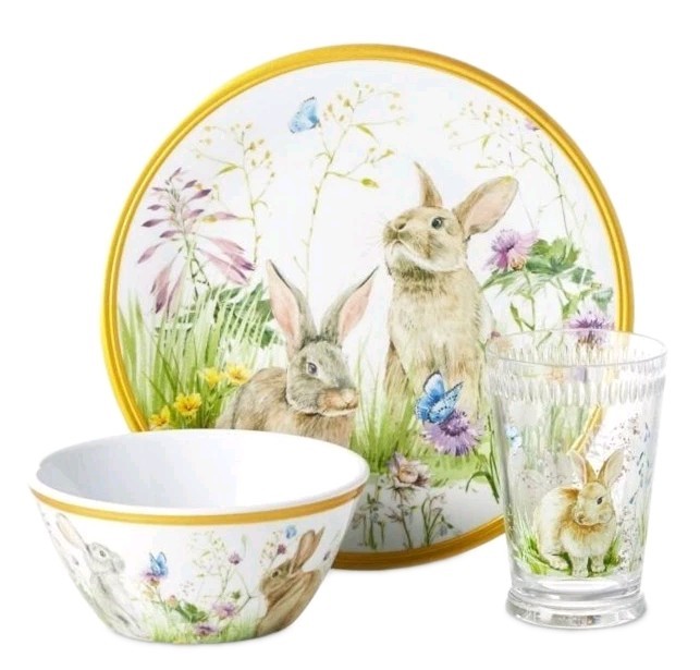 Williams Sonoma Kids 3 PC Floral Meadow Bunny Dinner Set NIB Rabbit Easter