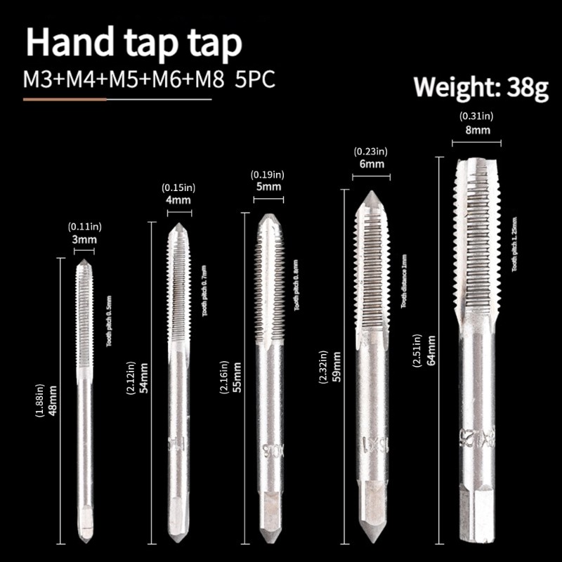 MultiSize Hand Tap Kit 5pcs Highly speed Steel Thread Taps Precise Cut Thread