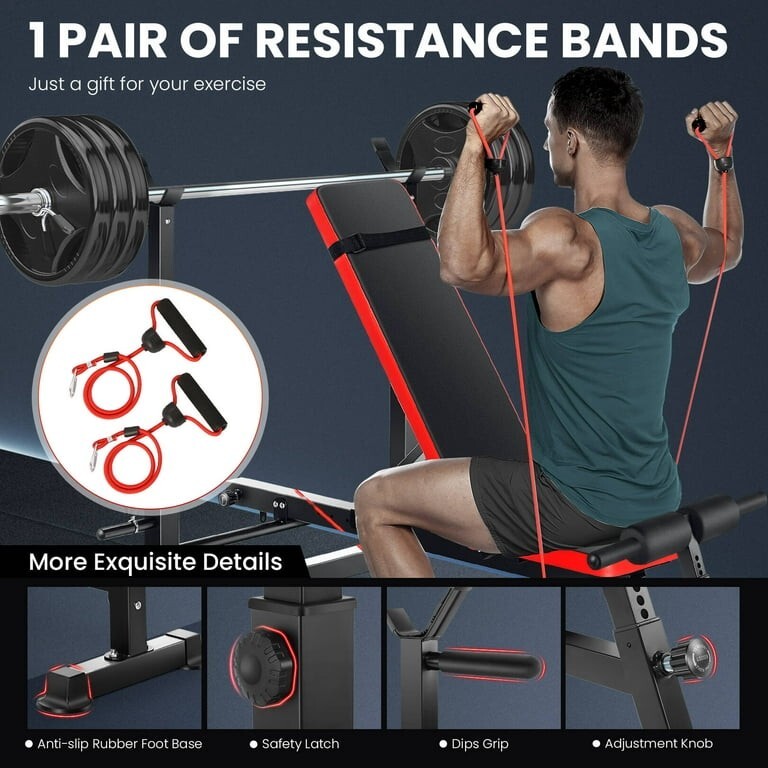 Adjustable Weight Bench with Squat Barbell Rack Removable Foot Bracket Exercise