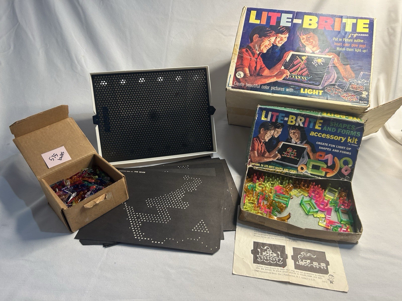 Vintage Lite-Brite Lot w/ Instructions, Accessory Kit, 575 Bulbs, Unused Sheets