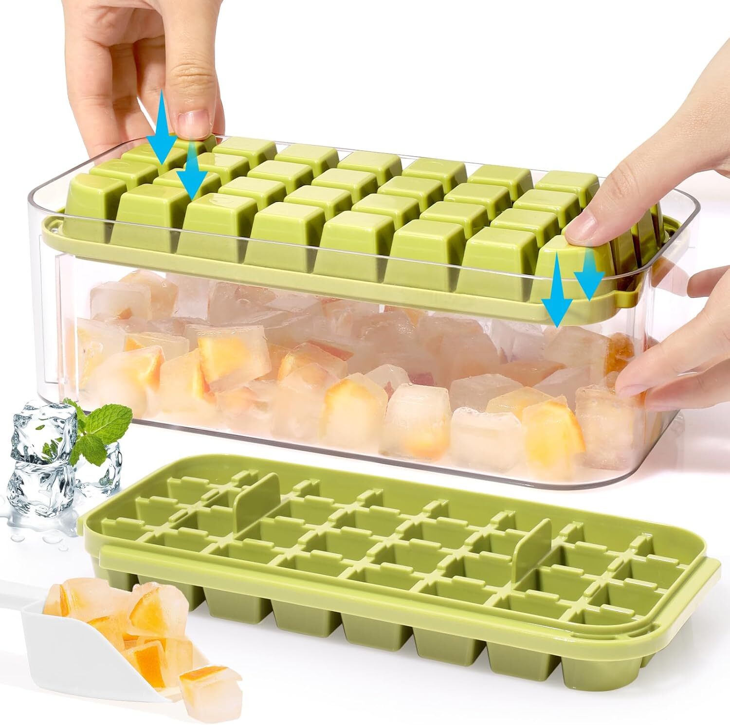 Ice Cube Tray with Lid and Bin & 2 Pack Ice Cube Trays for Freezer 64x Ice Trays