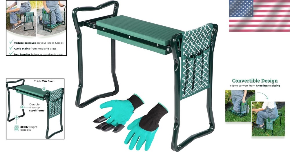 Foldable Garden Bench - Lightweight Stool, Tool Pouch