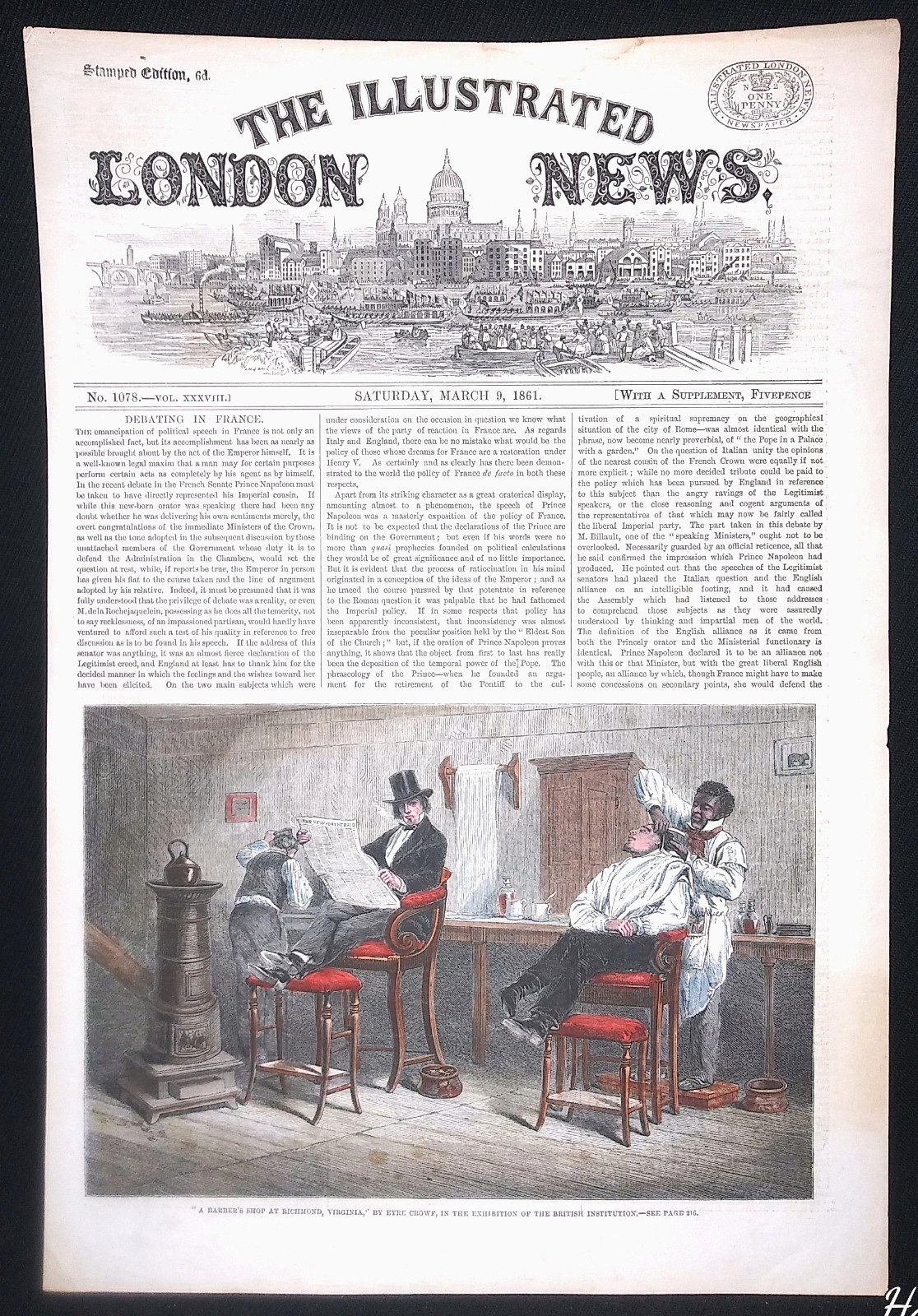 Hand colored art engraving BLACK BARBER SHOP Fugitive Slave John Anderson 1861