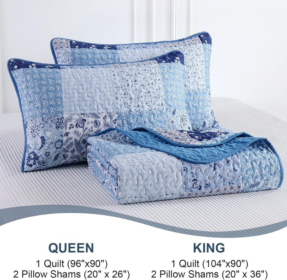 Menghomeus Blue Quilt Set Queen Boho Patchwork Bedspread Floral Queen,