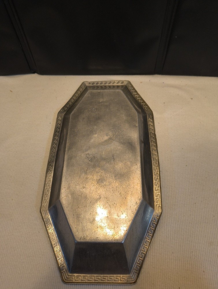 Antique Octagonal Dish Tray Aluminum Jake Lambert Yards, WI w/ Greek Key 11x5.5"