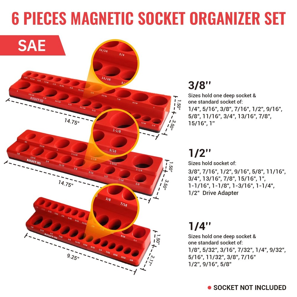 AIUITIO 6-Piece Magnetic Socket Organizer Set Magnetic Socket Holder Includes