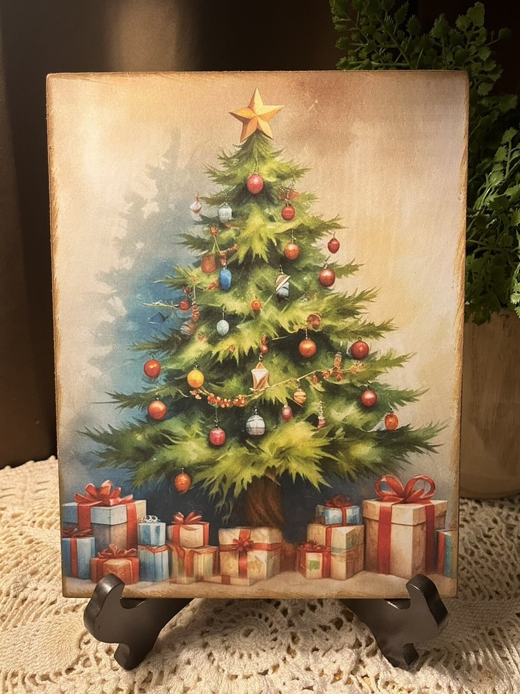 Retro  Christmas Tree, Presents,  Handcrafted Plaque / Sign