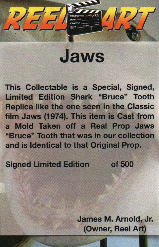 Jaws, Bruce Shark Tooth and Stand, Solid Resin, Display Plaque, Prop Replica