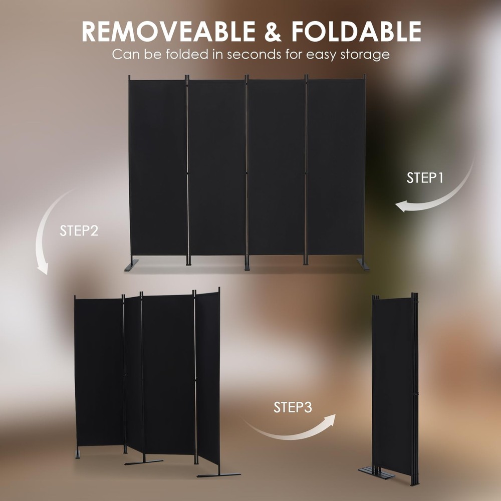 RANTILA 4 Panel Room Divider, 6 FT Folding Privacy 22" - 4 Panel, Black