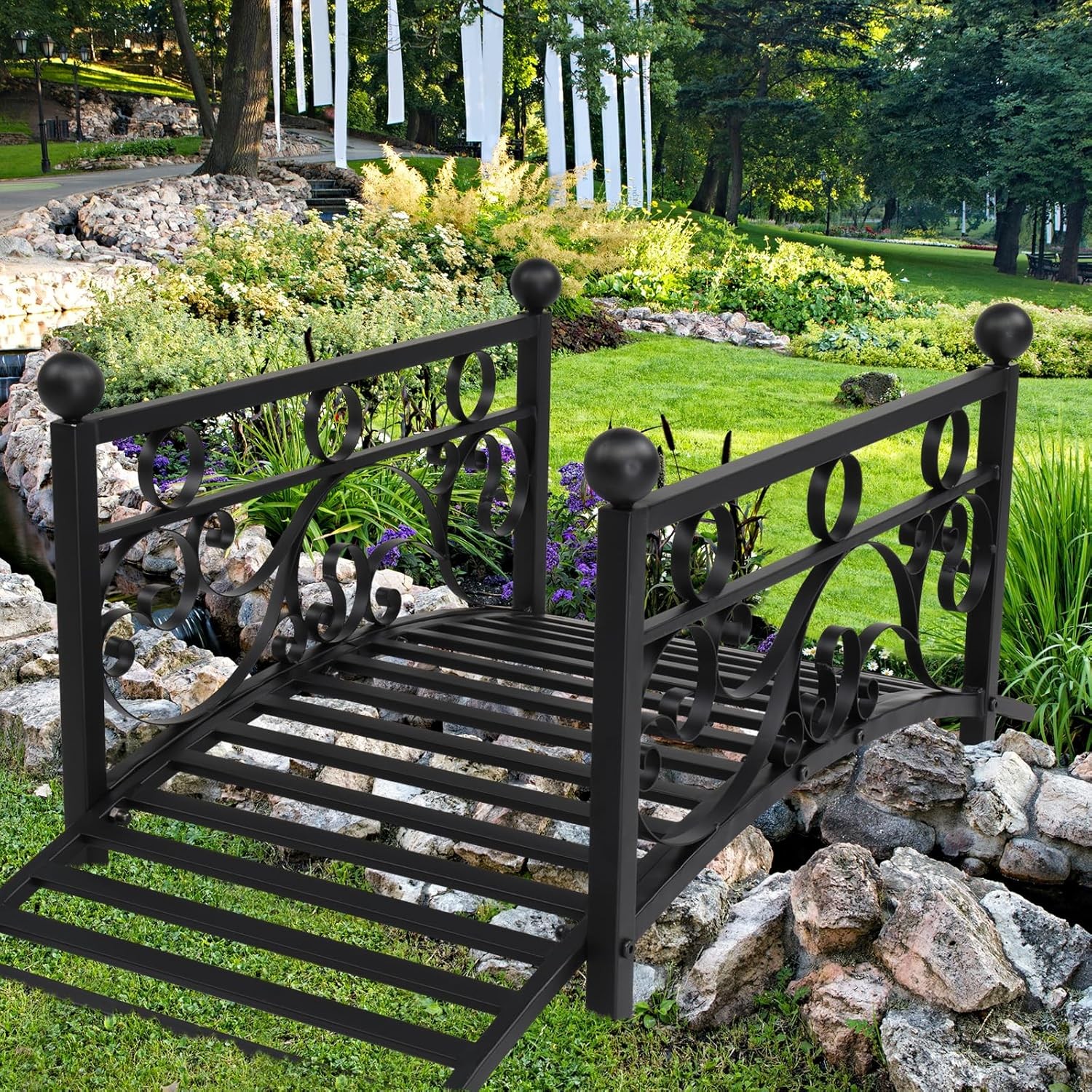 Outdoor Metal Arch Garden Bridge w/Safety Siderails, Decorative Iron Footbridge