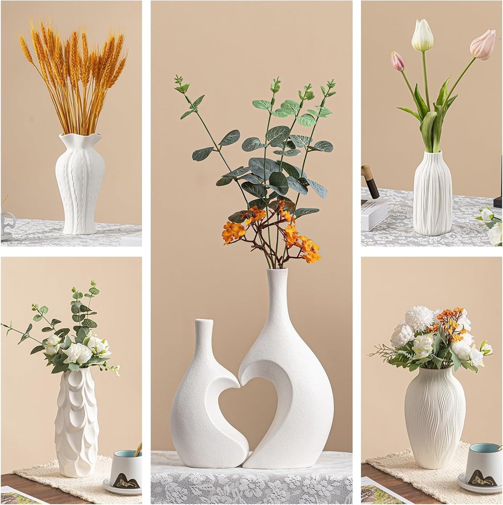 Windblown Texture Vase - White Matte Ceramic with Dynamic Lines, 9.2" Unique Flo