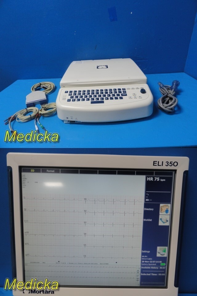 Burdick Mortara ELI350 Interpretive ECG Device W/ Trunk Cable & Lead Set ~ 35882