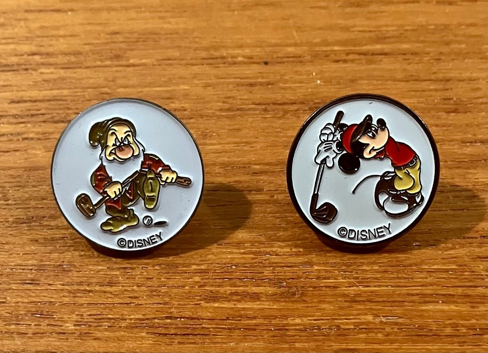 Two (2) Golfing Mickey Mouse Grumpy Disney Metal Stem Logo Golf Ball Markers