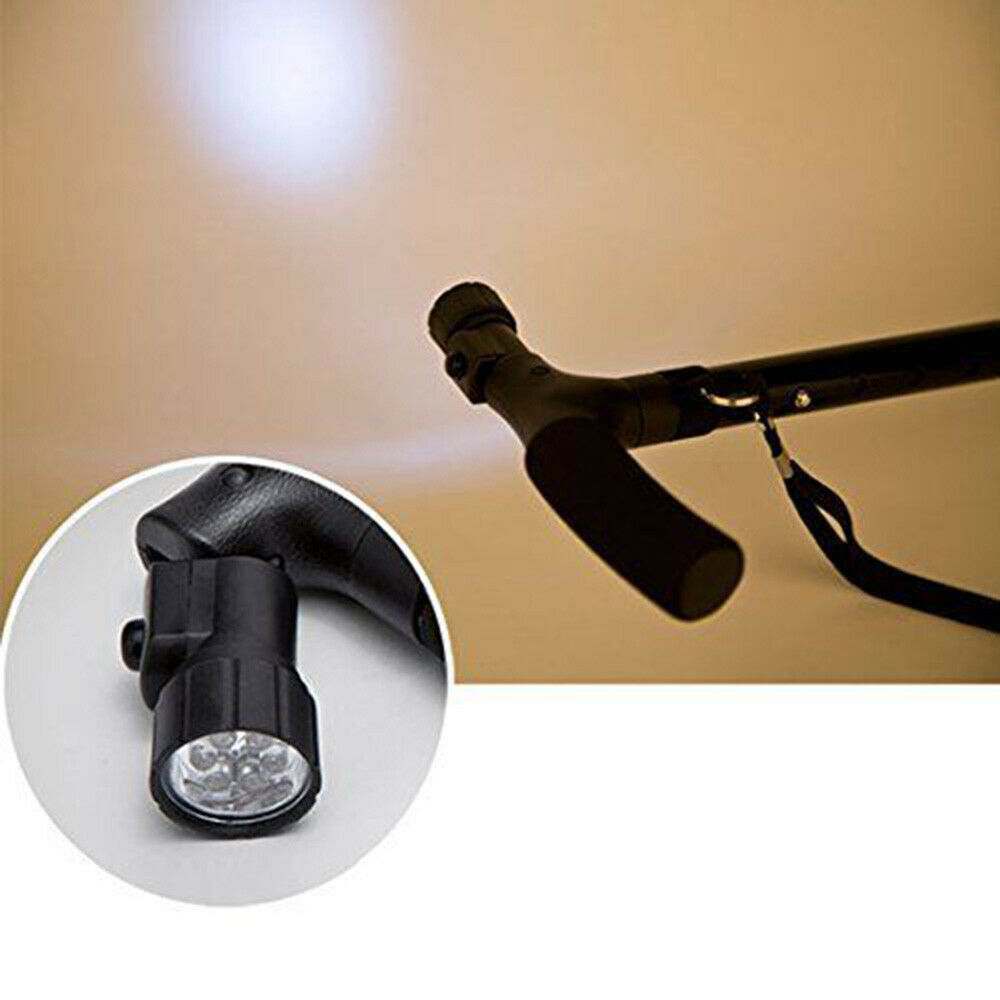 Folding LED Walking Stick Cane All-Terrain Pivoting Base Adjustable Black
