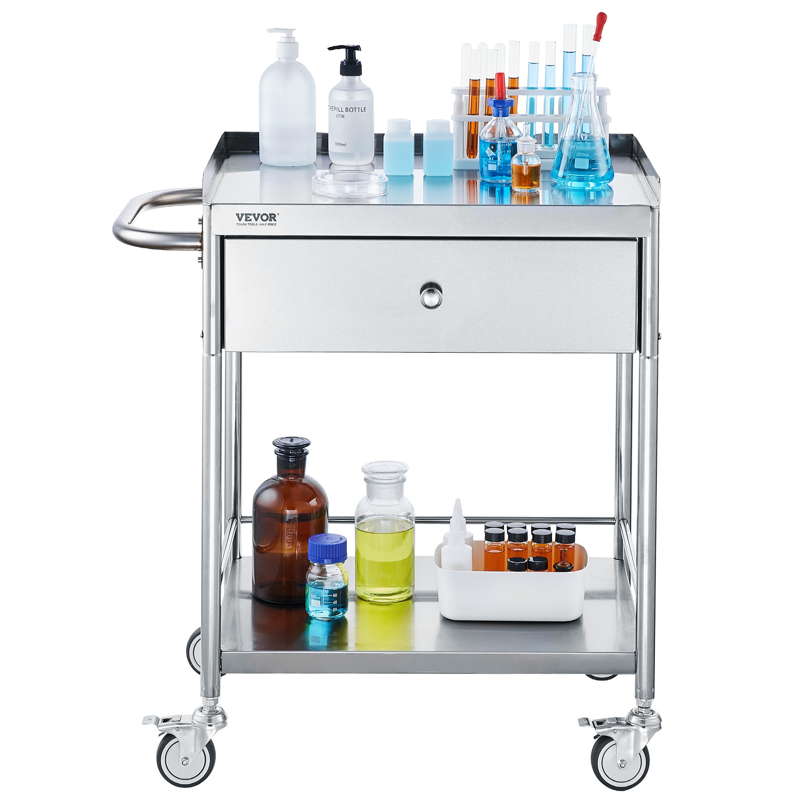 VEVOR 2-Tier Medical Trolley Steel Cart Mobile Lab Utility Cart with A Drawer