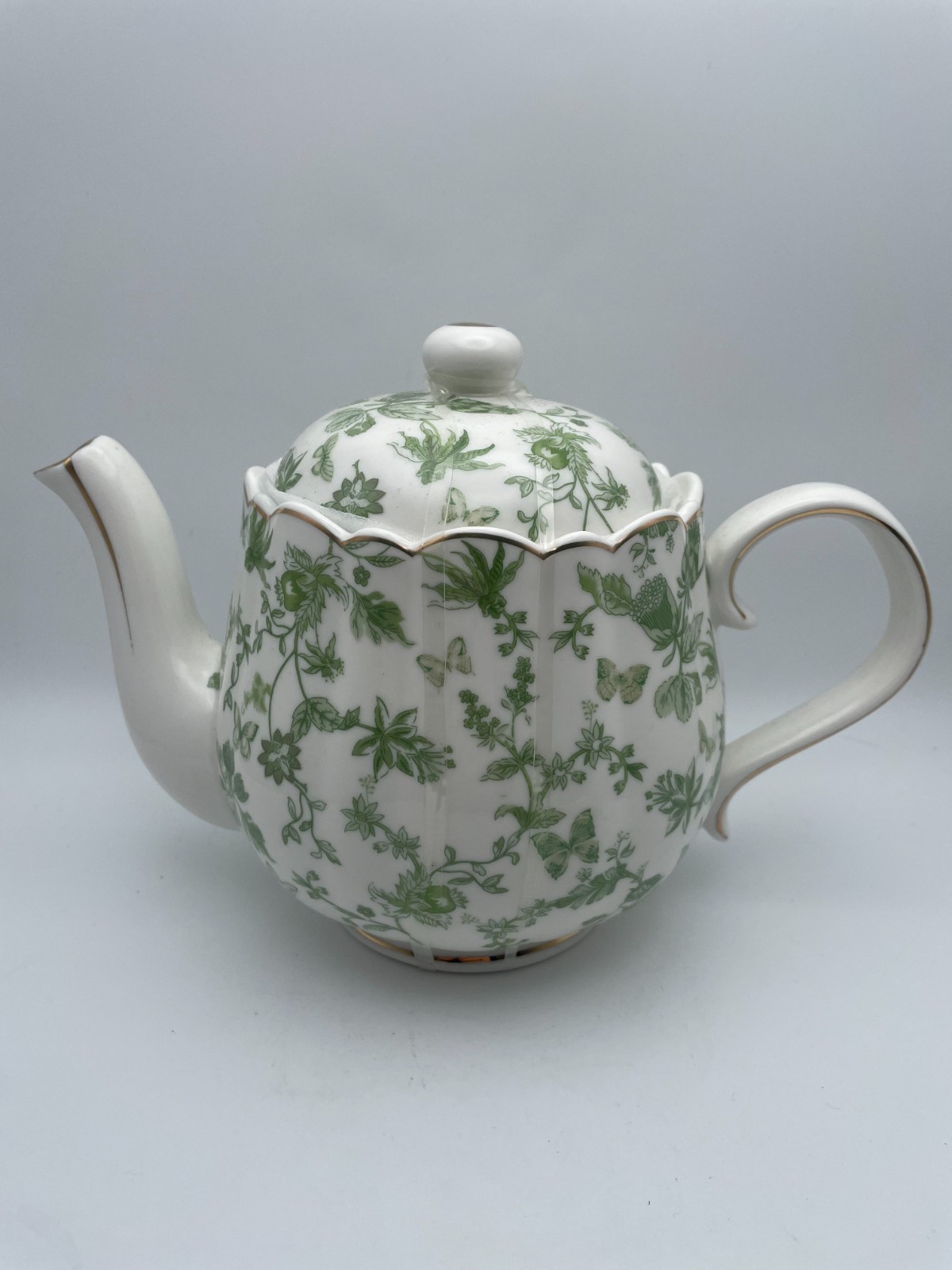 Grace Teaware Shabby Chic Green Floral Gold Trim Fine Porcelain Teapot & Lid B97