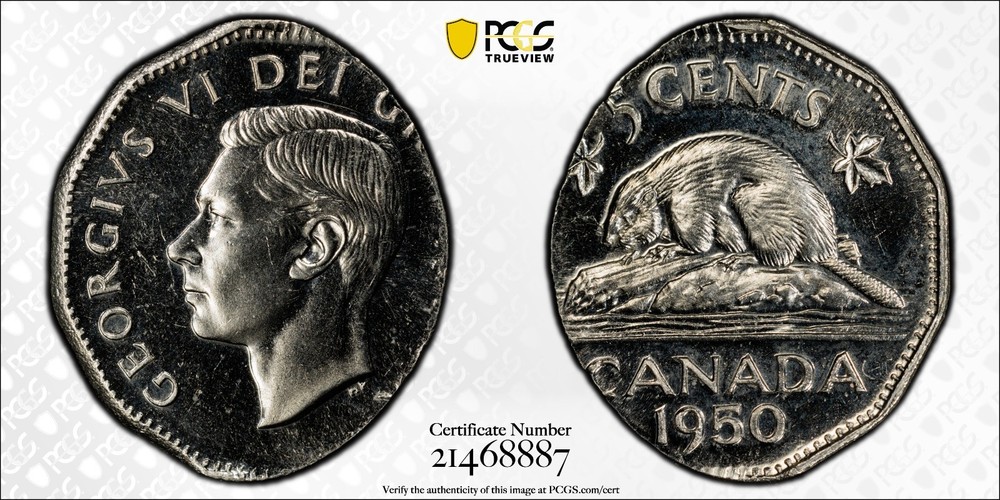 Mint Error - 1950 Canada 5 Cents Struck on Elliptical Plan PCGS MS66