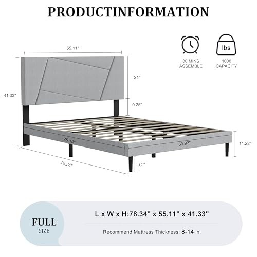 Size Bed Frame Platform Bed Frame with Fabric Upholstered Full Light Gray