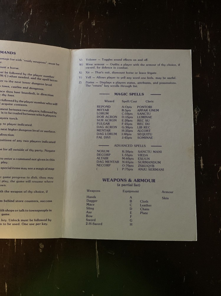 Ultima III Exodus Player Reference Card Only For Commodore 64