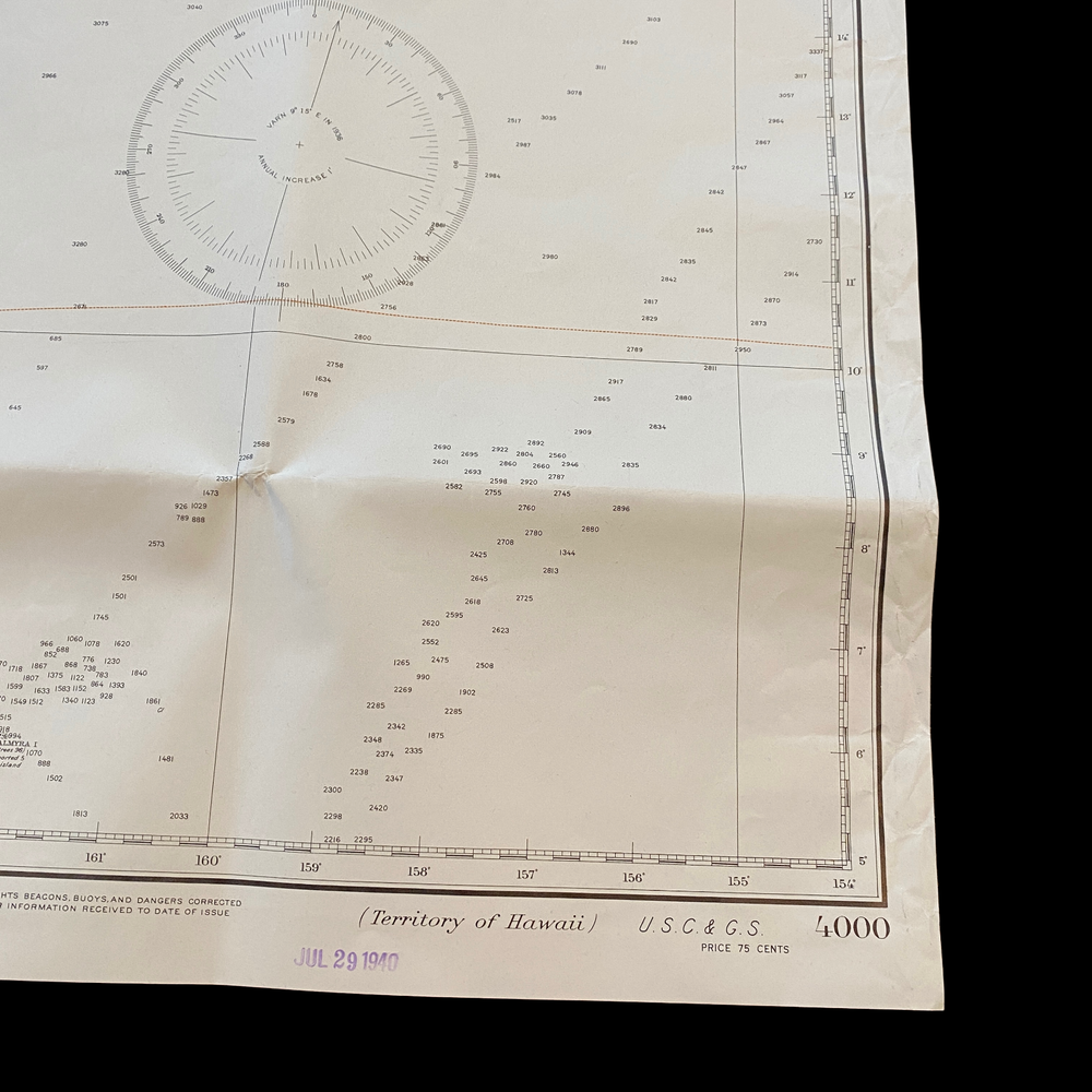 Original WWII 1940 Pearl Harbor Territory of Hawaii Fathom Depths Navigation Map
