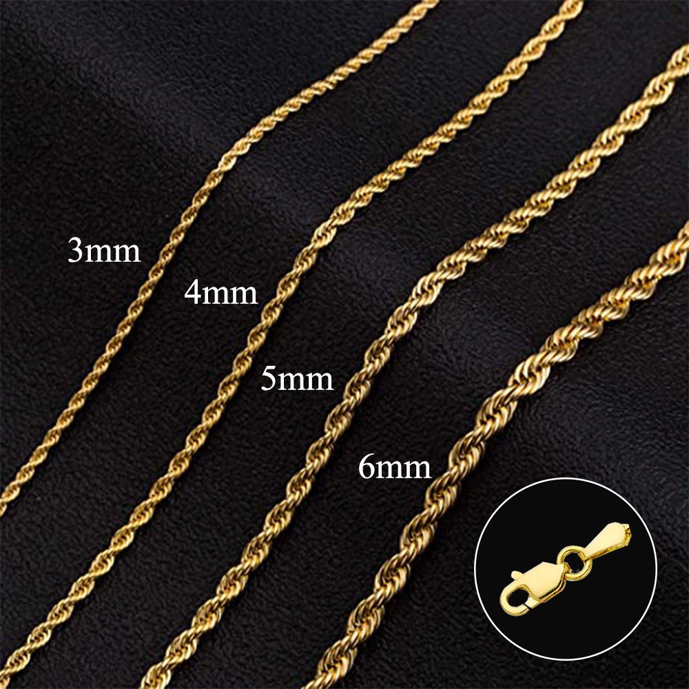 14K Real Solid Yellow Gold 1.5mm-3mm Rope Chain Necklace with Lobster Claw Clasp