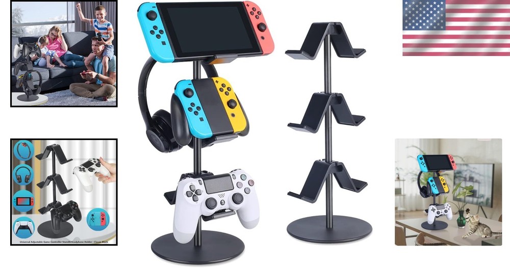 3 Tier Controller and Headphone Stand Adjustable Gaming Organizer Black