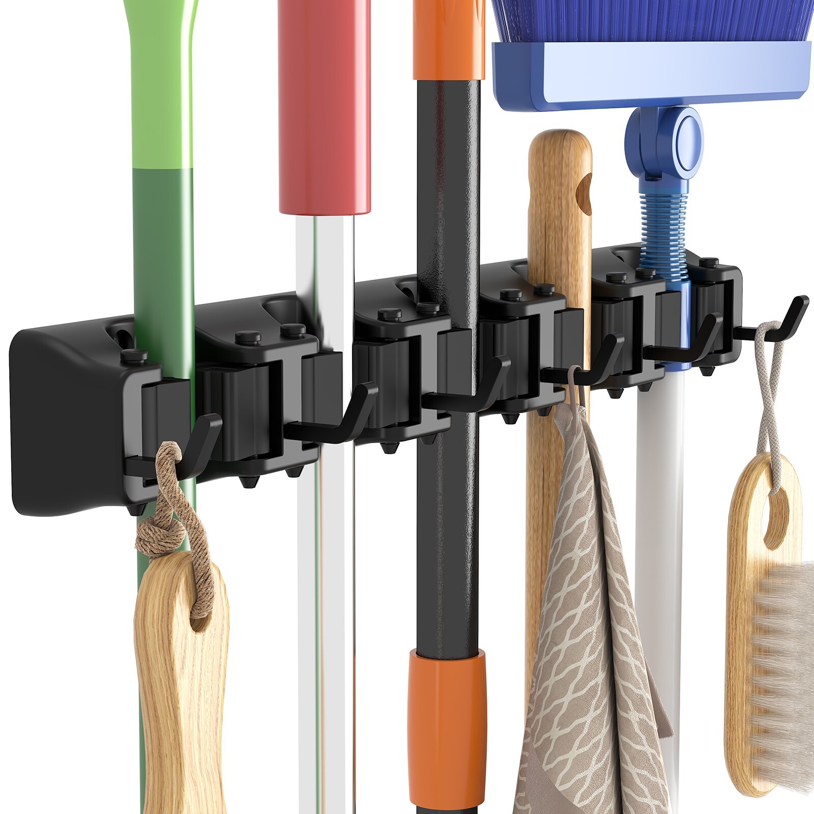 Mop and Broom Holder Wall Mount, Anti-Slip Broom Hanger, 5 Slot 6 Hooks