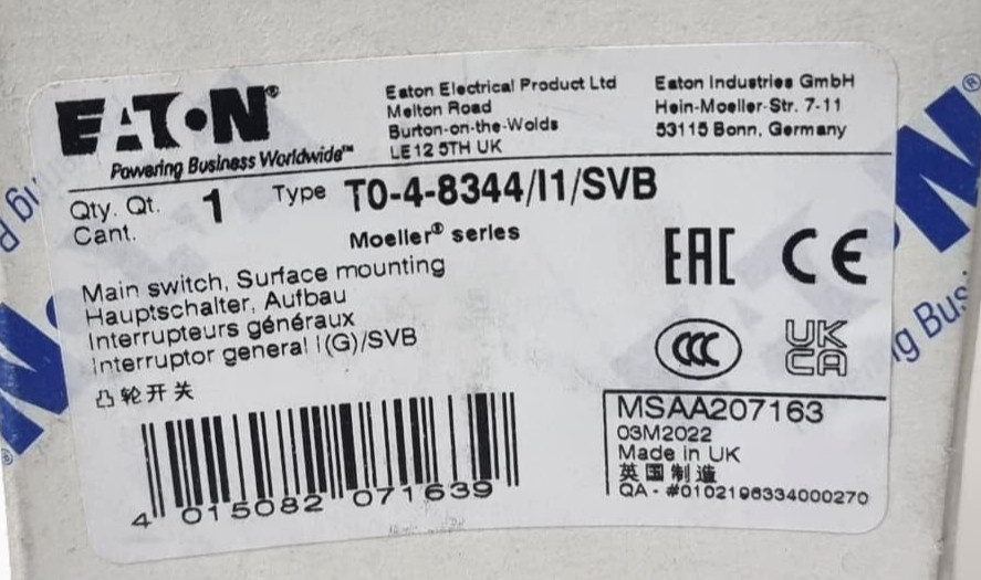 EATON T0-4-8344/I1/SVB Surface Mounting Main Switch