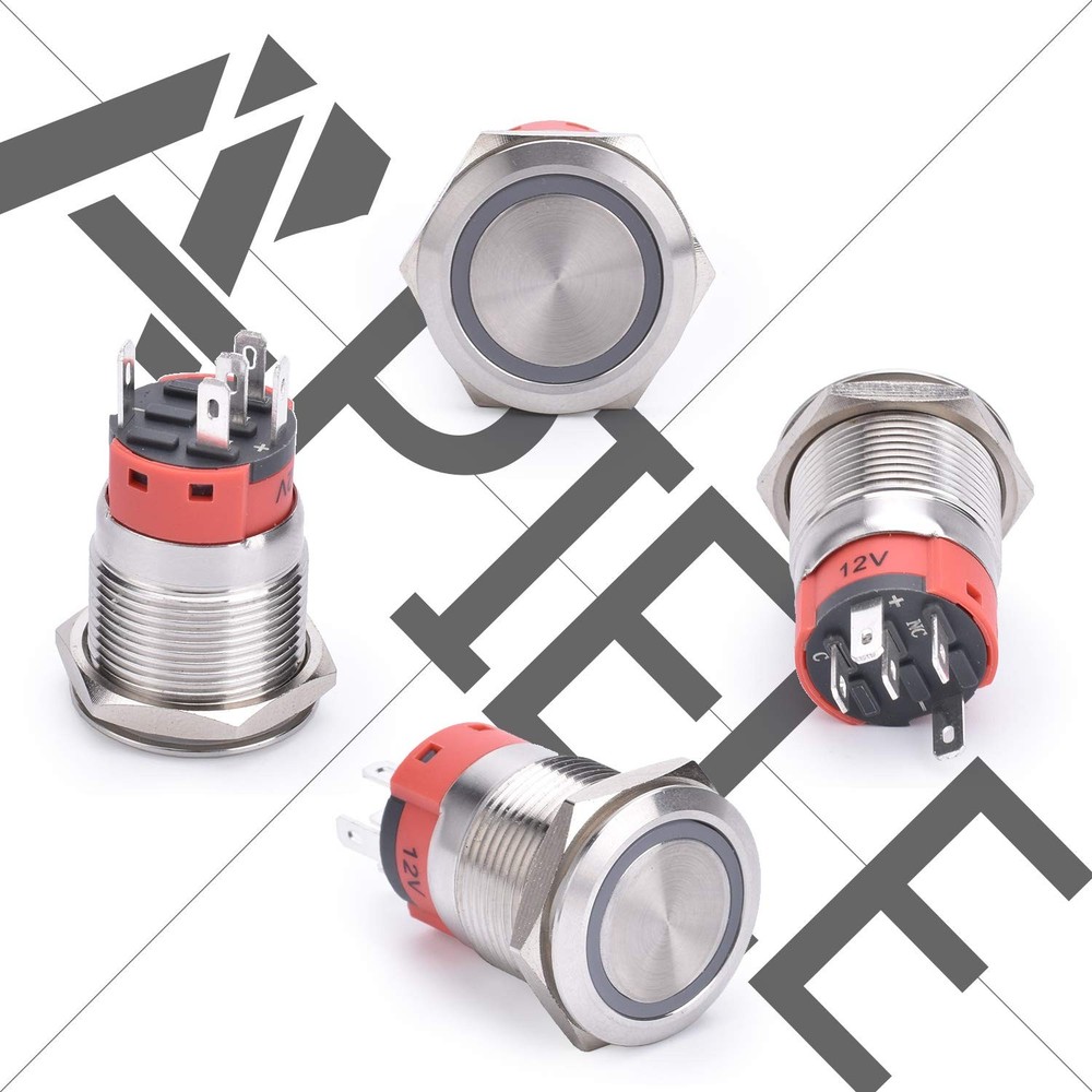 APIELE Latching Push Button Switch 19mm 12V- 24V DC 19MM, Silver Shell-Blue