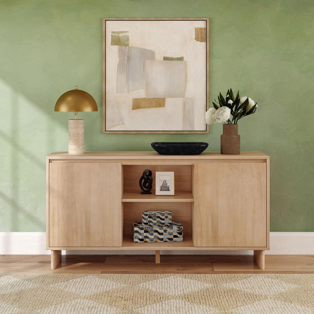 59" Modern Pine Sideboard Buffet Cabinet with Doors & Shelf