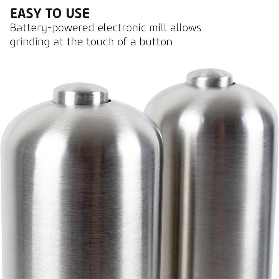 2 Pack Electric Salt Pepper Grinder Mill Shakers Set Adjustable Stainless Steel