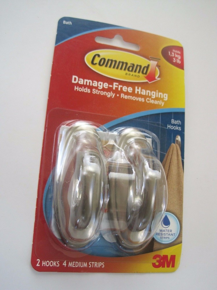 Command 2 Hooks Bath Water Resistant 3 Lb Gray NIP