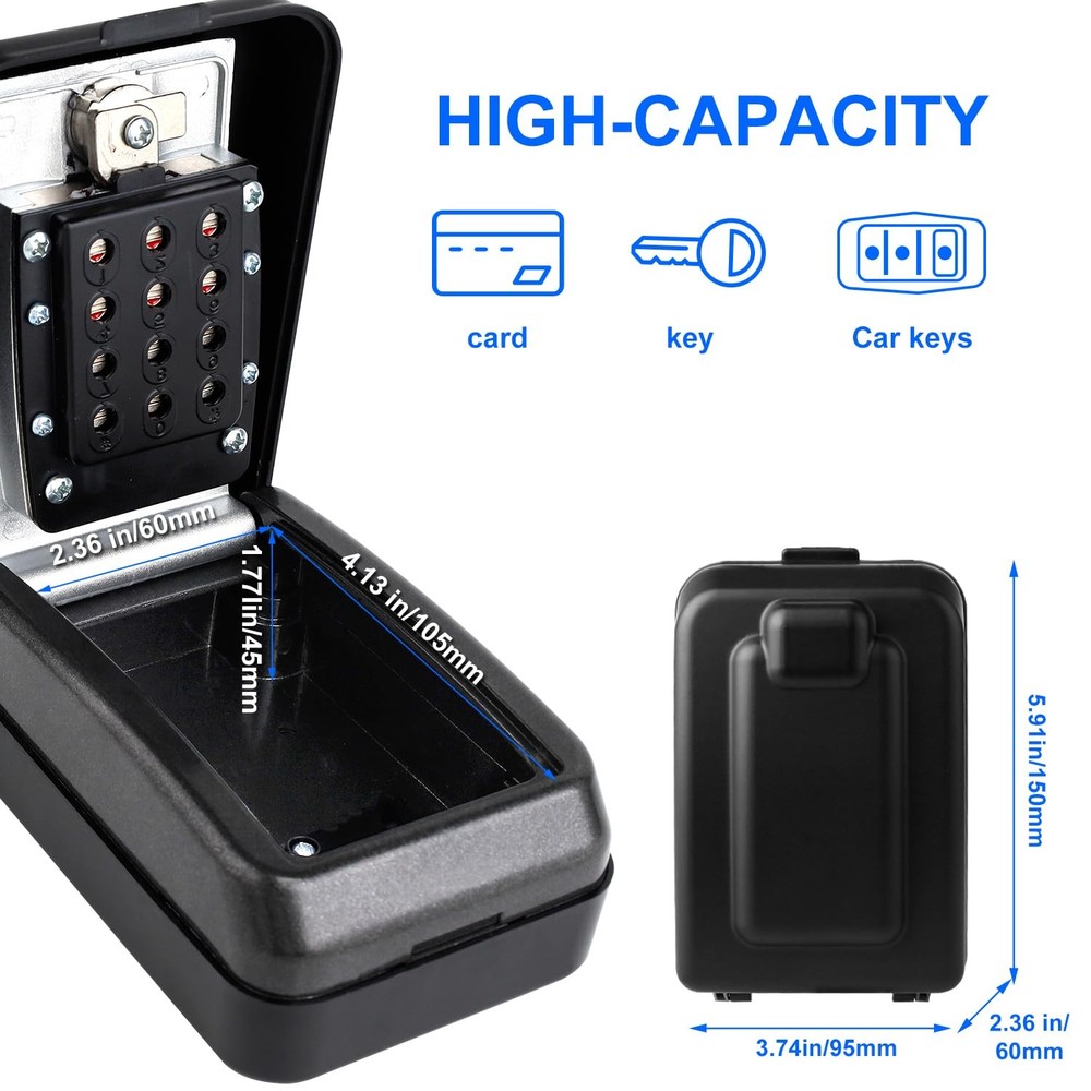 Key Lock Box, 12-Digit Code, Weatherproof Wall Mount, Large Capacity 5-8 Keys...