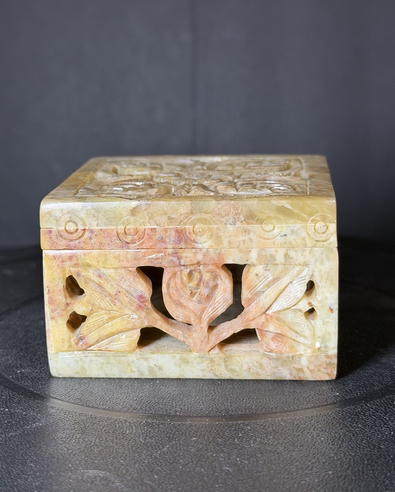 Vintage Intricate Hand Carved Soapstone Trinket/Marble Jewelry Box - 3”x 3”