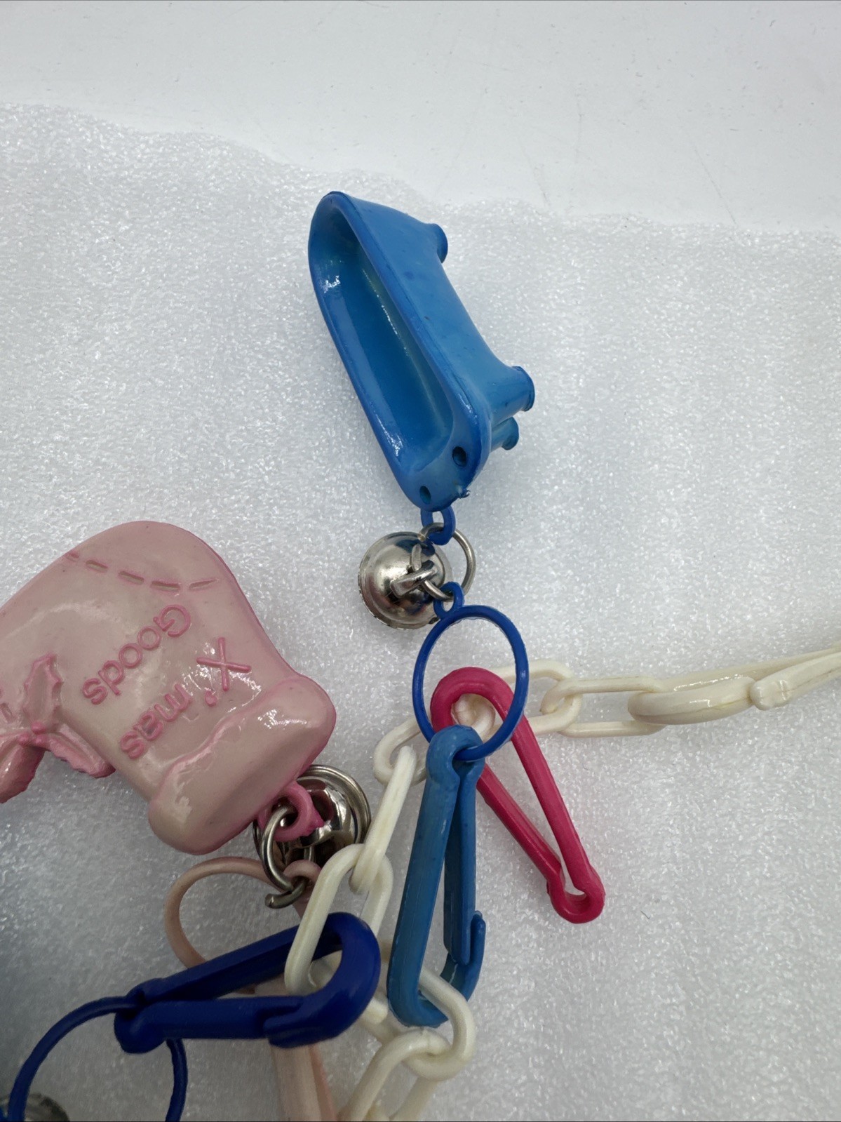 Vintage 1980's Plastic Bell Charm Clip Necklace w 2 Chains and 34 Charms.