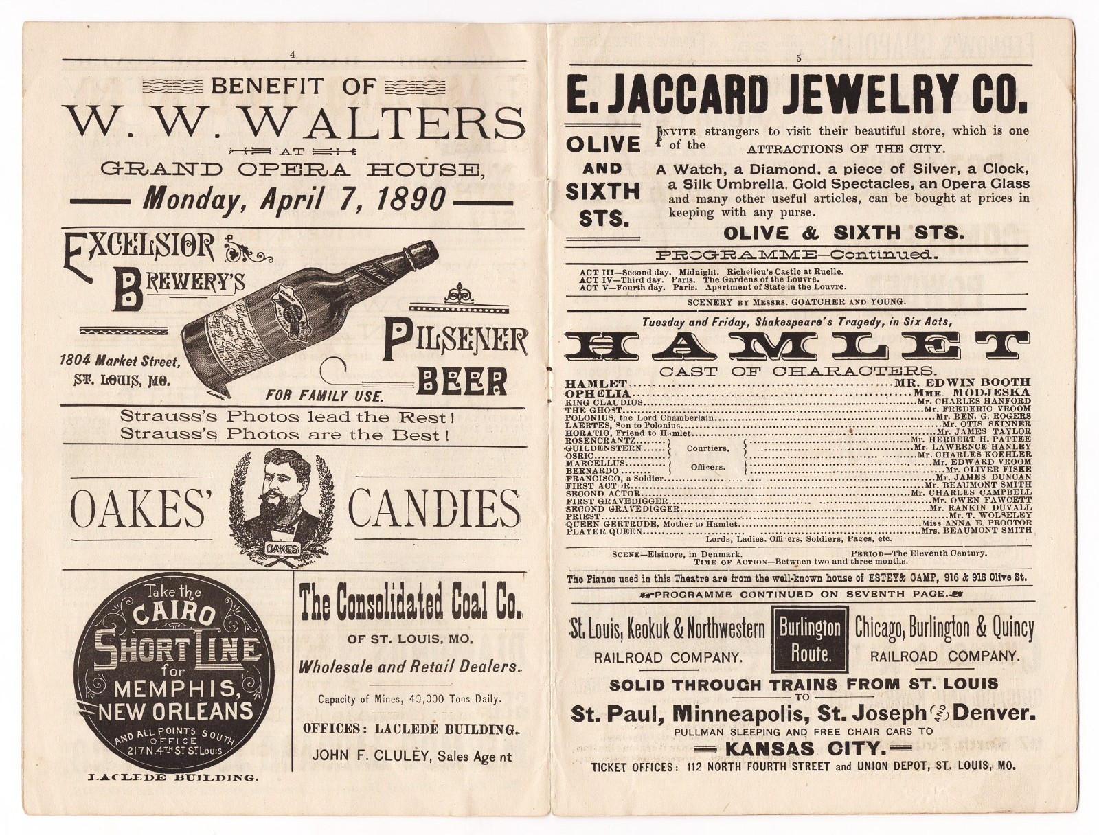 Edwin Booth "RICHELIEU" Helena Modjeska "HAMLET" Olympic 1890 St. Louis Program