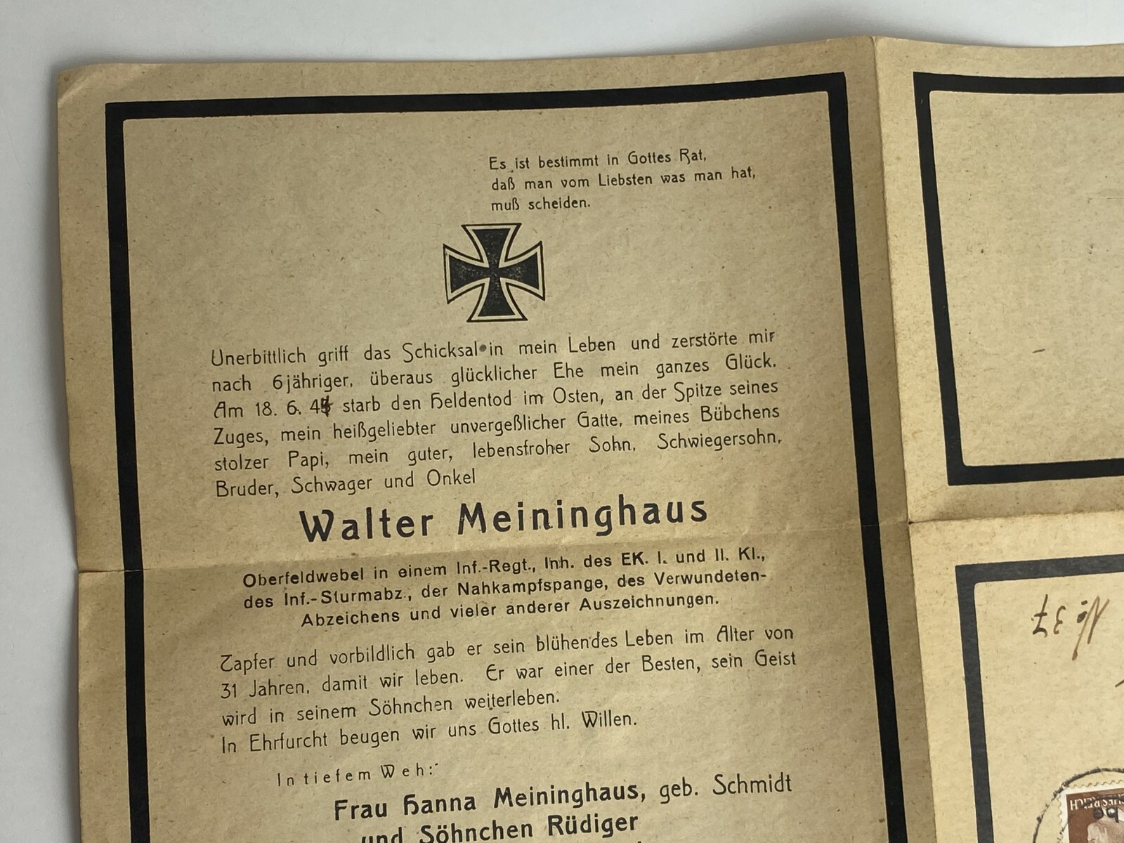 1944 German Death Announcement Walter Meininghaus Note WWII Notices