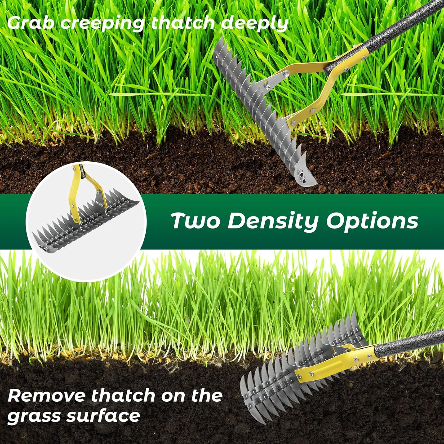 Thatch Rake,55 Inch Heavy Duty Lawn Thatching with Adjustable Stainless Steel Ha
