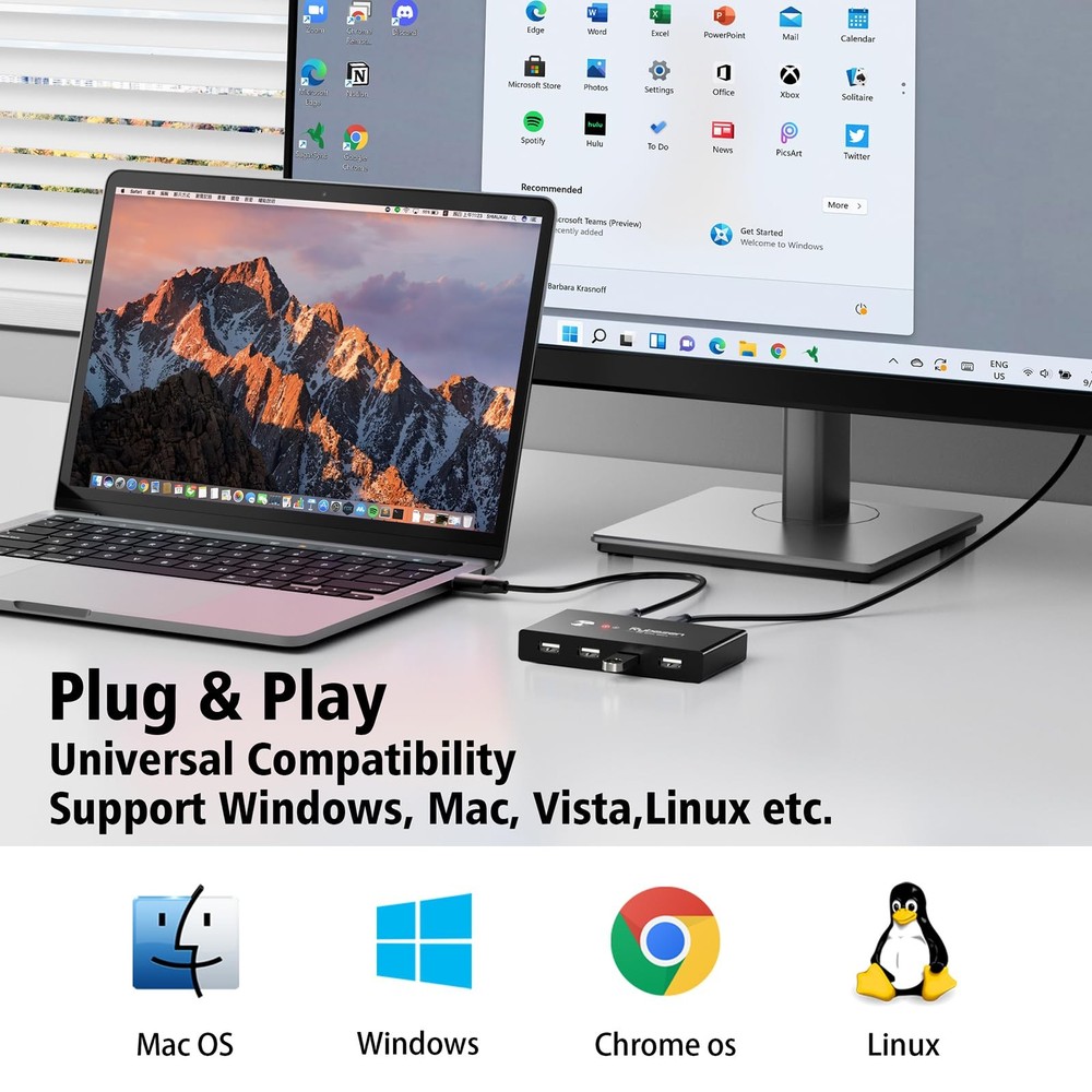 USB Switcher 2 Computers, Switch 2 PC Sharing 4 Devices, 2 in 4 Black