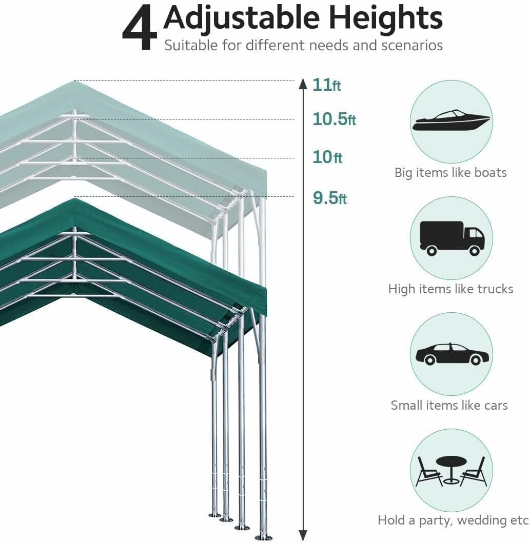 ADVANCE OUTDOOR 12x20 ft Adjustable Peak Heavy Duty Carport Car Boat Shelter