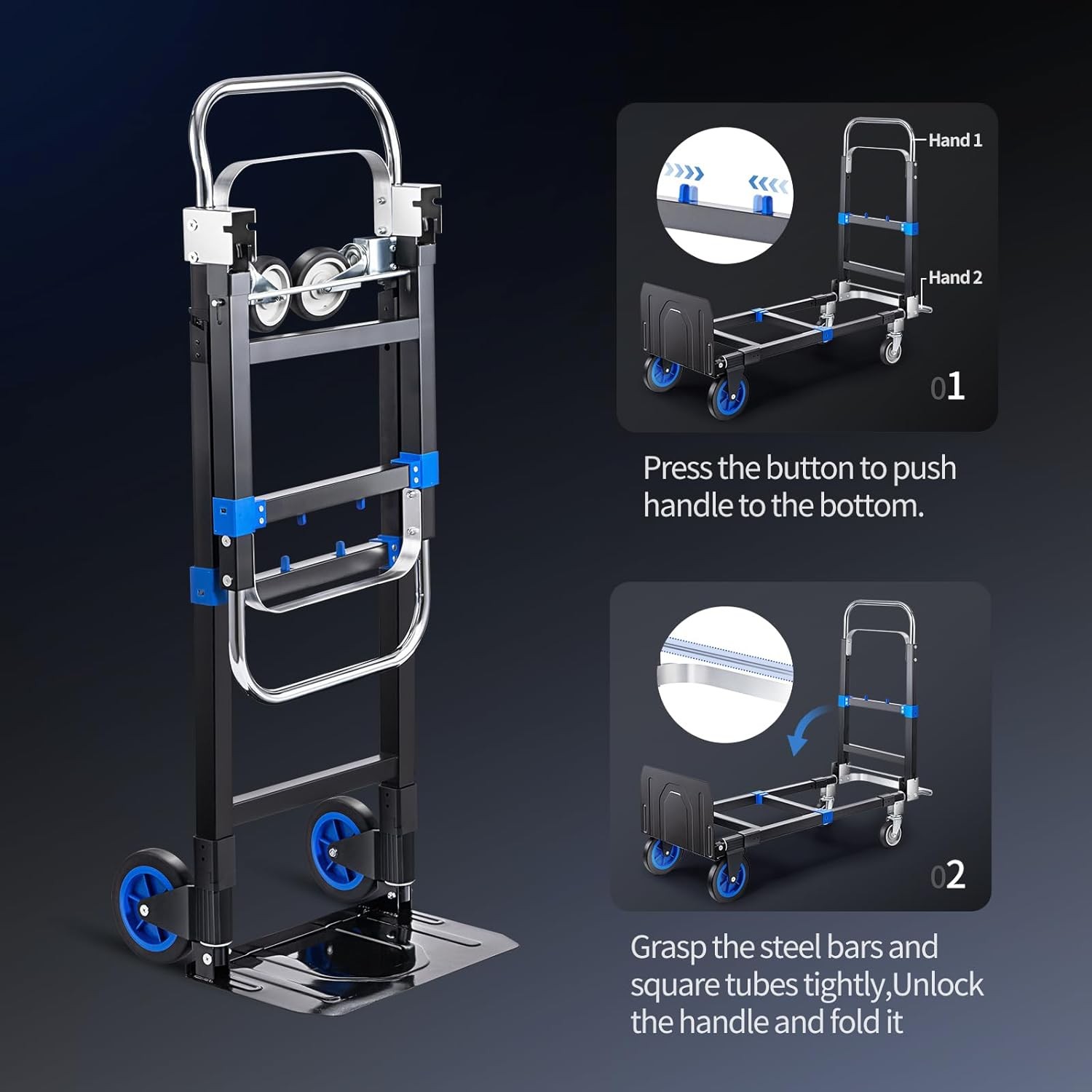 Aluminum Hand Truck 3 in 1 Folding Dolly Cart 660 lbs Capacity Heavy Duty