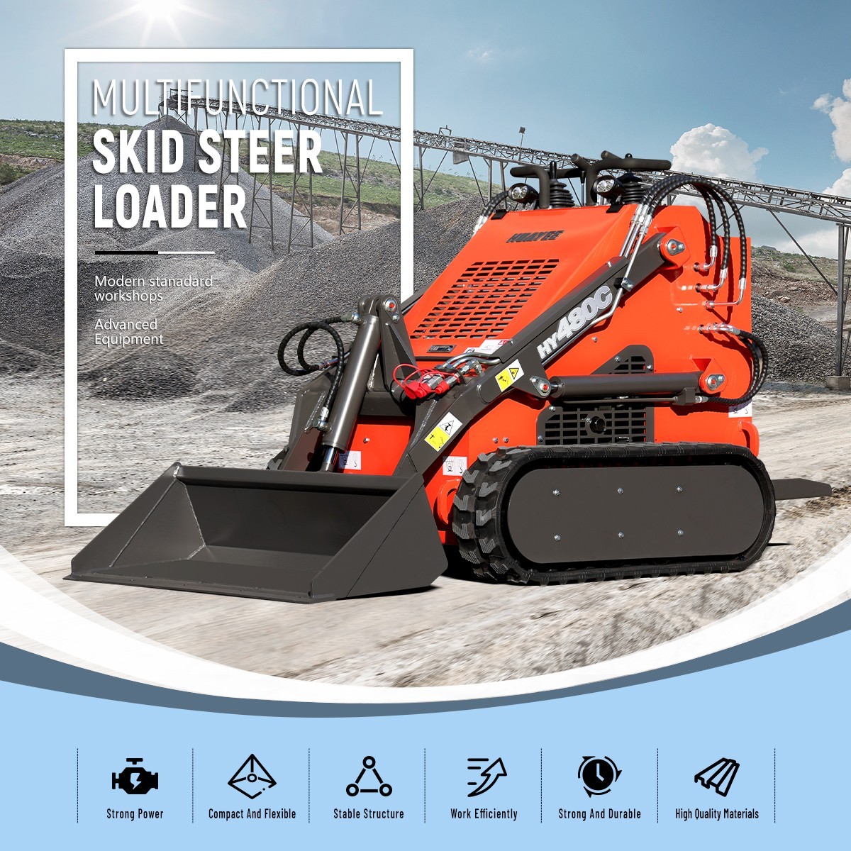 HY480C FREE SHIP/unloading Mini Skid Steer Loader 23HP +Grapple+Stump Crusher